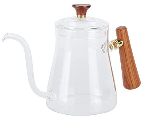 Coffee Kettle, Pour Over Tea Pot with Wood Handle, Gooseneck Kettle for Drip Coffee, Glass Teapot for Home Kitchen Camping Travel (350ml)
