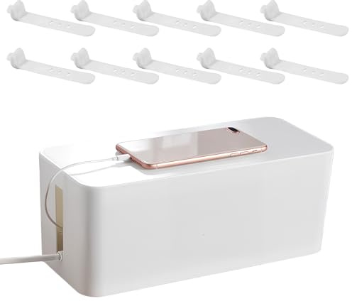 Cable Tidy Box, Home Box-Outlet Cord Storage Organizer, With ten Silicone Cable Management Straps, Cord Organizer Box, Hide and Conceal Power Strips and Electrical Cords(White)