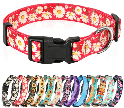 HEELE Hundehalsband, Hunde Halsband für Welpen Kleine Mittlere Große Hunde, Gemustertes Hundehalsbänder Verstellbares, Komfort, Robustem HundeHalsband, Gänseblümchen Rot, S