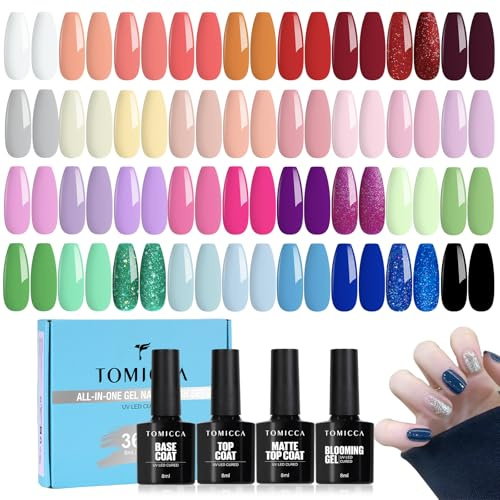 TOMICCA Gel Nail Polish Set, 40Pcs 8Ml UV Nail Polishe Set with Base Glossy Matte Top Coat & Blooming Gel Nail Polish, White, Black, Red, Pink Classic Colors DIY Nail Collection