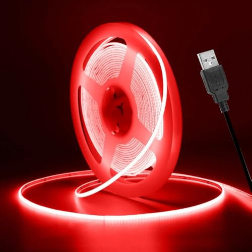 Vrabocry COB LED Streifen 16.4ft 5V USB LED Strip Rot 3mm Breite 400 LEDs/m Lichtleiste LED Band Selbstklebend Stripes für TV Hintergrundbeleuchtung DIY Dekorative Beleuchtung
