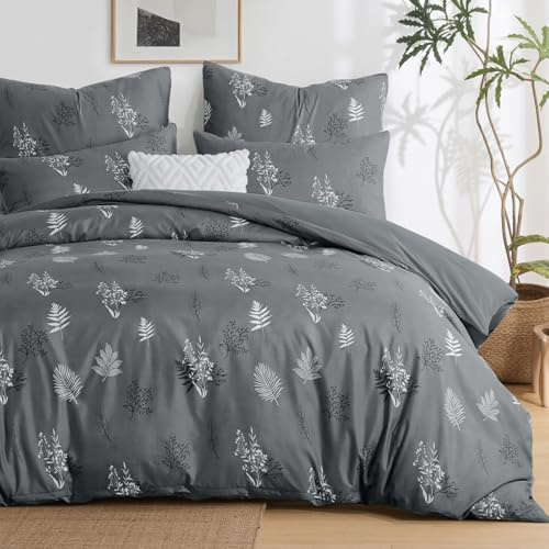 Aisbo Bettwäsche 220x240 Blumen Bettbezug - 3teilig Mikrofaser Bettwäsche-Sets Floral und Blätter Muster Grau mit Reißverschluss, ÖKO-TEX Bettdeckenbezug 240x220cm mit 2 Kissenbezüge 80x80cm