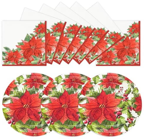 EVYIENEN 40 piatti di carta e tovaglioli natalizi con fiori rossi, piatti natalizi usa e getta, per decorare la vostra festa di Natale