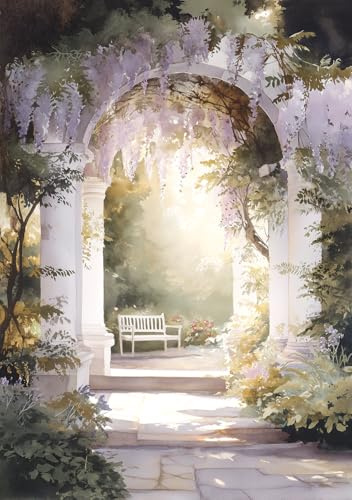 STYLER Leinwandbild Dream Garden 60 x 80 cm – Romantischer Garten mit Wisterien – Lichtdurchfluteter Garten voller Ruhe und Harmonie