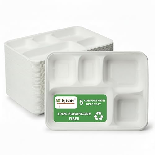 KRISHIV 5 Compartment Bagasse Plates 11 Inch| Heavy Duty Disposable Dinner Trays | Biodegradable, Compostable & Eco-Friendly Plates for Hot & Cold Meals, Parties, Lunch & Catering (250)