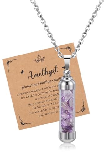 JSDDE Collier Pendentif Flacon en Verre Rempli Pierres Naturelles Femmes | Collier Tube Cylindre Porte Gemmes Lithotherapie Transparnt en Chaîne Fine Acier Inoxydable Bijoux Protection Porte-Bonheur