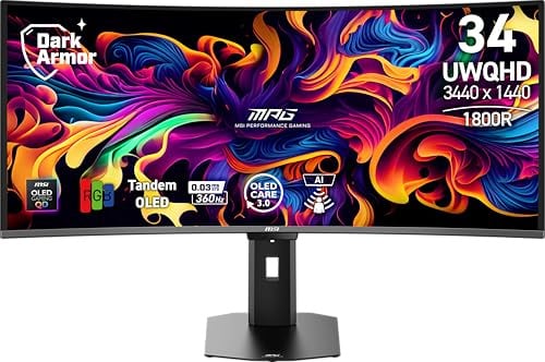 MSI MPG 341CQRDE QD-OLED X36, Gaming-Monitor, 34 Zoll, UWQHD, 360 Hz | 3440 x 1440, (1800R), 5. Gen QD-OLED, 0,03 ms, Adaptive-Sync, KVM, HDMI 2.1, DP 2.1, USB C (98 W PD), AI Vision, Schwarz