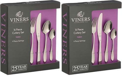 Viners Tabac Cutlery Set |18/0 Stainless Steel | Set of 16 Pieces | Silver Mirror Finish | Serves 4 | Dishwasher Safe | Gift Box (Pack of 2)