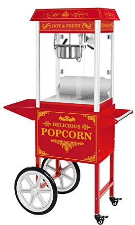Royal Catering RCPW-16.3 Popcornmaschine Popcornmaker mit Wagen (1500 W, 5 kg/h 16 l/h, Topfbeschichtung Teflon) Retro Rot