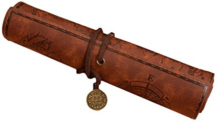 Light box pencil roll roll pencil case imitation leather vintage artist case retro pencil case pencil roll pirate look with printed treasure map (brown)