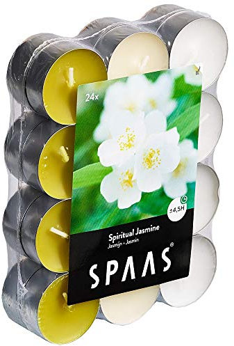 Spaas Pack chauffe plats parfumées Jasmin spirituel 24 Velas de té perfumadas de Colores Surtidos, ± 4,5 Horas-jazmín Espiritual, Cera de parafina, Blanco, D 39 mm x H 16 mm