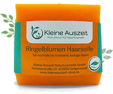Kleine Auszeit Manufaktur Ringelblumenhaarseife – für normales bis trockenes Haar, vegan, ohne Palmöl, handgemacht, 90 g