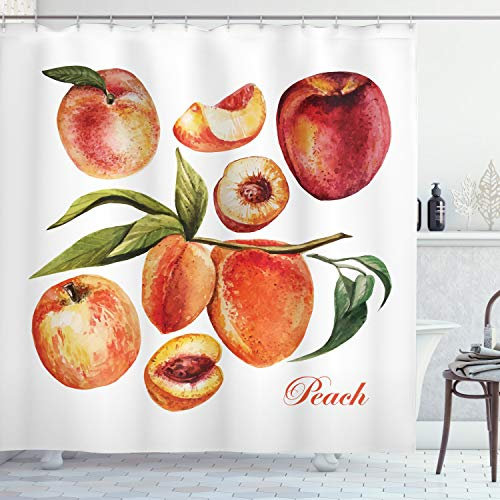 ABAKUHAUS Pfirsich Duschvorhang, Leckere Nektarinen, Stoffliches Gewebe Badezimmerdekorationsset mit Haken, 175 x 200 cm, Orange Rot Grün