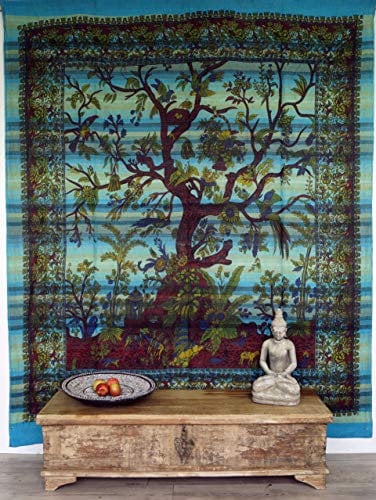 GURU SHOP Boho-Style Wandbehang, Indische Tagesdecke Lebensbaum/Tree of Life - Türkis, Baumwolle, 250x210x0 cm