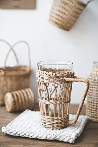 RISEON - Sottobicchieri vintage in rattan di bambù intrecciato a mano, con manico, decorazione per la casa (tazza di vetro inclusa)