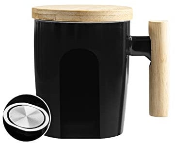 HOWAY Tasse mit flachem Boden und Holzdeckel, Keramik-Teetasse für Kaffeewärmer, flacher Boden, Holzgriff, 400 ml