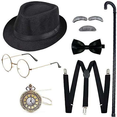 Gionforsy 20er Jahre Herren Kostüm Accessoires Set Gatsby 1920s Mafia Zubehör Set mit Hut Brille Hosenträger Fliege Taschenuhr Stock Bart für Great Gatsby Party Halloween Karneval Fasching (Schwarz)