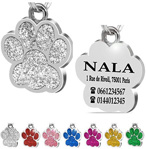 Ibera gifts - Plaque identification personnalisée pour chien et chat - petits à moyens - en forme patte - personnalisé médaille gravure medaillon dog tag colier