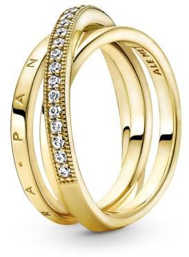 PANDORA Signature Anello con pavé incrociato a tripla banda placcato in oro 14k con zirconi cubici trasparenti, 50