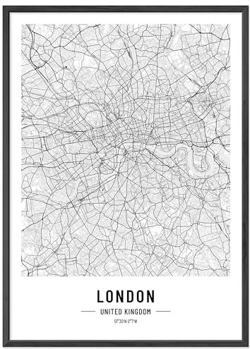 JUNOMI® London Poster DIN A2 mit Rahmen Schwarz, DIN A2 Wohnzimmer Deko, Modernes Wandbild, London Bild, Wandbild mit Rahmen, Stadtplan Poster London, perfekte Geschenkidee für Londoner