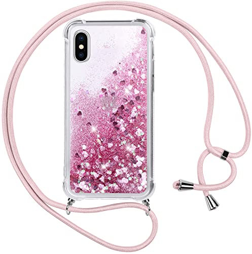 Vauki Handykette für iPhone XS/X Hülle mit Band,Silikon Durchsichtig Transparent Flüssig Glitzer mit Kette Kordel Bumper Treibsand Necklace TPU Schutzhülle Case für iPhone XS,Rosa
