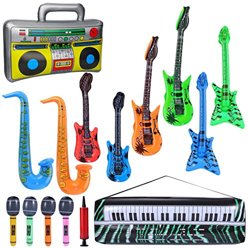 KINBOM 21 Pcs Inflatable Rockstar Toy Set, Inflatable Instruments Set, Inflatable Guitar Bass Radio Keyboard Microphone Saxophone Glasses Inflatable Toys Bulk for Rock n Roll Party Decorations