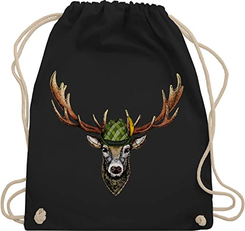 Turnbeutel Rucksack - Kompatibel mit Oktoberfest Tasche - Jagdhirsch Hirsch Jäger Jägerin Geschenk - Unisize - Schwarz - trachten beutel trachtenrucksack bayrische jagd juterucksäcke