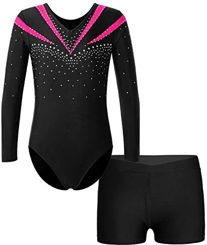 Alvivi Kinder Mädchen Turnanzug Gymnastikanzug Langarm Tanzbody mit Shorts Glitzer Ballettanzug Ballett Trikot Leotard Fitness Sport Training Wettkampf Dunkel Rosa 134-140