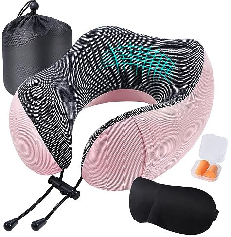 Gotanc Reise Nackenkissen Flugzeug, Reisekissen Weiches Memory Foam Baumwolle U-Förmiges Kissen, Travel Pillow mit Ohrstöpsel, Schlafmaske, Tasche, Ideal für Reisen, Flugzeug, Auto, Büro