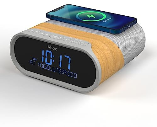 i-box Radio sveglia DAB/DAB+ & FM, wireless veloce da 10 W, ricarica Qi, grande display numerico, doppia sveglia con Bluetooth 5.0, 2 altoparlanti stereo da 5 W, radio DAB, 2 porte di ricarica USB