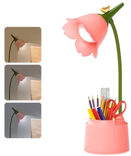 Dimmbare LED Schreibtischlampe für Kinder – 3 Farbtemperaturen, USB-aufladbar, Touchsensor & flexibler Arm, Tischlampe mit Stifthalter – Augenfreundliche Leselampe für Mädchen/Jungen (Rosa)