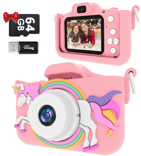 Kinderkamera, Kinder Digitalkamera 1080P, Kinderfotoapparat mit 64GB TF-Karte/Einhorn Kamera Abdeckung/5 Lernspiele/8 Digitalzoom/46 Bilderrahmen und Filter Weihnachten Geschenk für 3-12 Jahren (Pink)