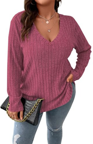 Gemulate Plus Size Women's Clothing Long Sleeve Shirts Top Ladies V Neck Jumpers Tops Autumn Winter Loose t-Shirt Female Rose Pink XX-Large