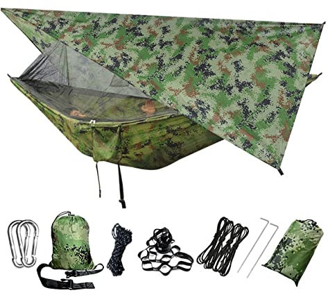 WAOCEO Schaukel Tragbare Hängematte im Freien mit Netz, Rainfly Camping Rucksack, Hängematte und Netz, Parachute Hängematte Baldachin Klettergeräte & Schaukeln