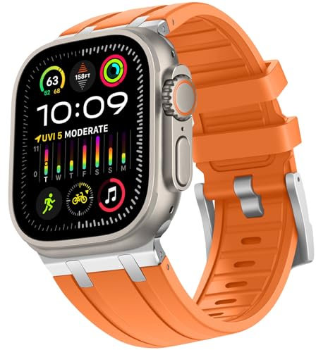 HITZEE Compatible avec Bracelet Apple Watch Ultra 49/46/45/44/42mm, Bracelets Silicone Liquide avec Adaptateur en Acier Inoxydable Conçus pour Apple Watch Ultra 2 Série 10 9 8 7 SE 6 5 4 3, Orange