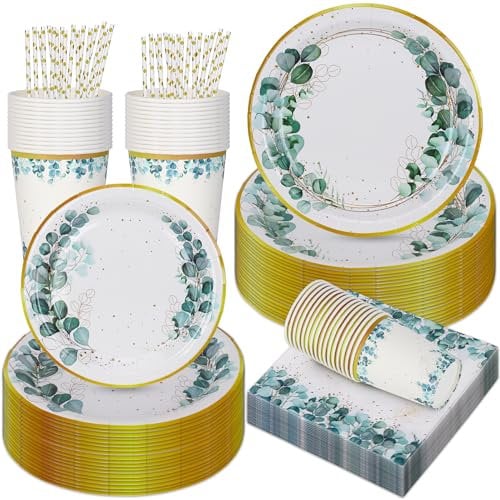 Sage Green Paper Tableware Set, CEILIWEN 125PCS Green Paper Plates Set, Green and Gold Eucalyptus Leaf Party Dinnerware Set Include 9'' Dinner Plates, 7'' Side Plates, Cups, Straws, Napkins