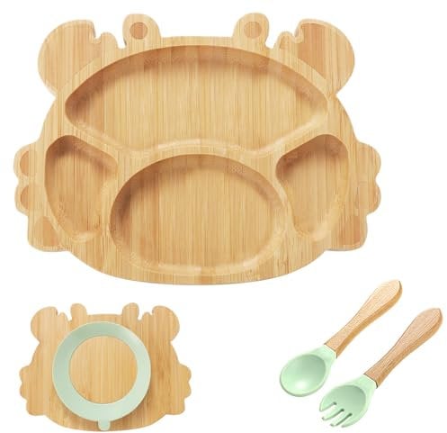 KEESIN Ensemble de 4 assiettes en bambou pour enfants assiette ventouse pour bébé set repas bébé pour nourrir les bébés à partir de 3 mois (crabes)