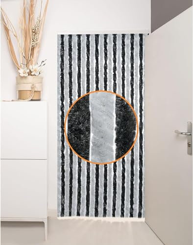 DEFACTO Flauschvorhang Türvorhang (90x200 cm) Chenille Fliegenschutz Insektenschutz Camping 100% Made In Italy - Vielseitig, Leicht Zu Reinigen, Effektiver Sicht- Und Hitzeblocker - (Schwarz/Grau)