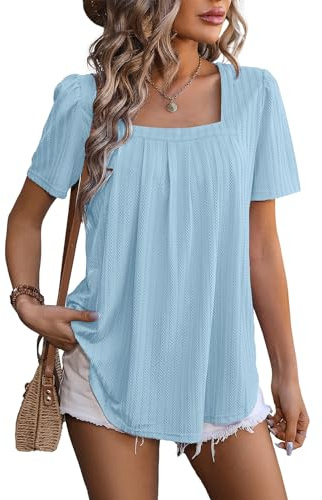 Flikity Womens Tops Dressy Casual Square Neck Ladies Summer Tops | Puff Short Sleeve Blouses Pleated Tunic Clothes Flowy Loose Solid Summer T Shirts S-XXL
