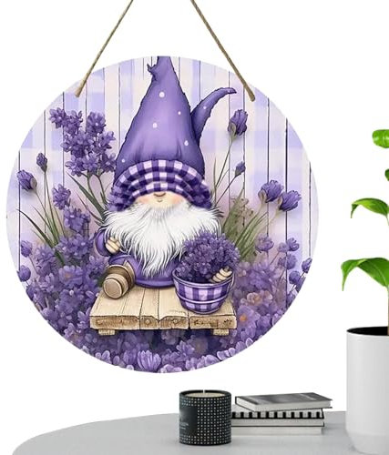 Frühlings-Türschild, Wichtel-Türhänger | Holzkranz Lila Outdoor Zwergendekoration 7,87 Zoll - Wichtel-Frühlings-Türschild, Wichtel-Haustürhänger, Frühlingszwerg-Schild