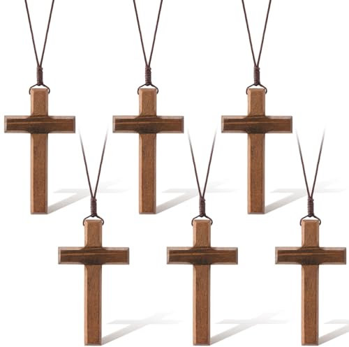 Ecation 6 Stück Holz Kreuz Halskette Bulk für Männer und Frauen Holz Jesus Kreuz Halskette Geschenk Kreuz für Auto Spiegel Hängende Anhänger 8,5 x 5,97 cm