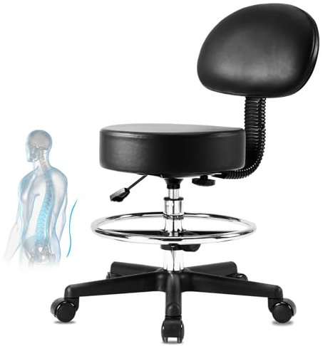 Rollhocker höhenverstellbar(45-60cm) | Rollhocker mit lehne-Ergonomische | Hochelastische Kissen für mehr Komfort - Belastbarkeit 180kg | Rollhocker mit rollen für Büro Salon Spa Bar Küche (Schwarz1)