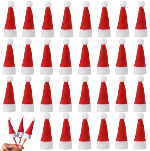REYOK Mini Lollipop Santa Hats, 50PCS Christmas Candy Hat, Mini Wine Bottle Cover Cap DIY Santa Hats Xmas Red Hat for Holiday Table Christmas Party Lollipop Decorations
