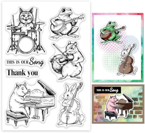 GLOBLELAND Klare Stempel Mit Musikalischen Tieren Für Scrapbooking Tierband Silikonstempel Katze Frosch Eichhörnchen Musikinstrumente Transparenter Stempel Für Die Kartengestaltung DIY Prägung