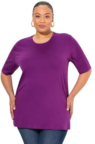 Ulla Popken Damen große Größen bis 72, Basic T-Shirt, Oberteil, Regular Fit, Rundhalsausschnitt, Halbarm, Dunkles violett 50+ 486910835-50+