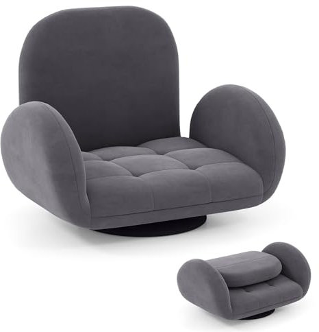 GOPLUS Silla de Suelo Plegable, Silla para Juegos con Respaldo Ajustable en 3 Posiciones y Reposabrazos de 5 Posiciones, Sofá Suelo de Tela para Leer Salón Dormitorio Oficina (con Base Giratoria)