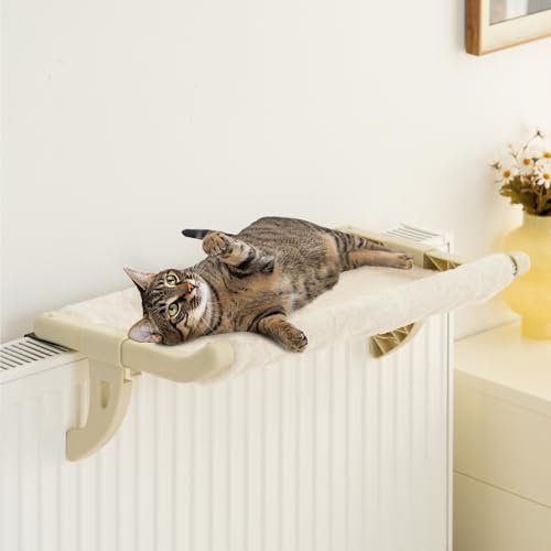 MEWOOFUN Katzen Hängematte Fenster Katzenbett Fensterbank für Katzen - 50x36cm Katzenbett für Heizung Katzen Hängematte mit mit weichem Bett Abnehmbarem Saugnapffrei hält 18kg (White M)