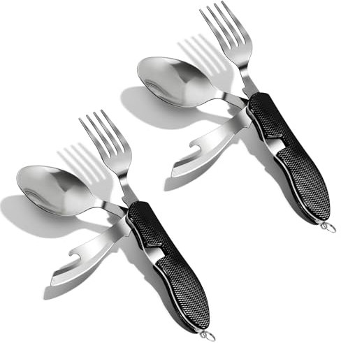 ZIMAIC Campingbesteck Klappbesteck, Edelstahl Camping Besteck 4 in 1 Feldbesteck Outdoor Flaschenöffner Messer Gabel löffel Set-Rot (Schwarz, 2pack 4 in 1)