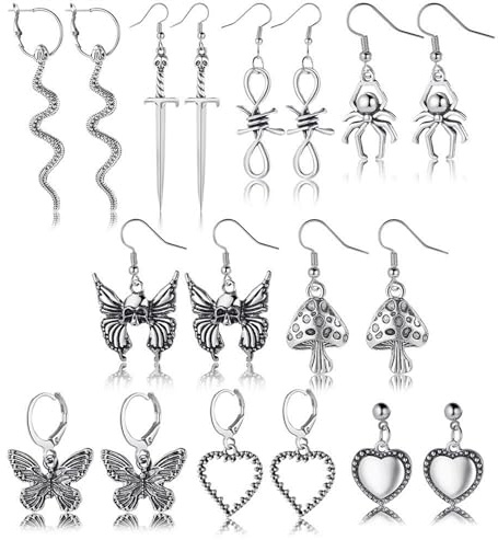 Gothic Style Snake Dagger Spider Heart and Butterfly Earrings - Y2K Punk Retro Witch Goth Jewelry for Women