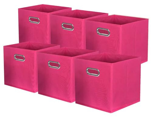 powerking Fabric Storage Box Bins, 6 Pack Foldable Cloth Storage Cube Organizer Drawer with Metal Handle For Closet And Toys Storage,Fuchsia